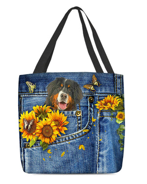 Bernese mountain-Sunflowers & Butterflies Cloth Tote Bag