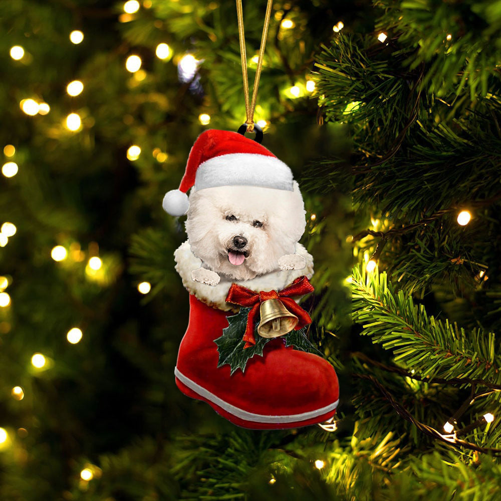 Bichon Frise-1-In Santa Boot Christmas-Two Sided Ornament