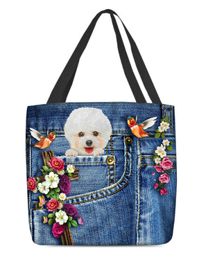 Bichon Frise-Cardinal & Cross Flower Cloth Tote Bag