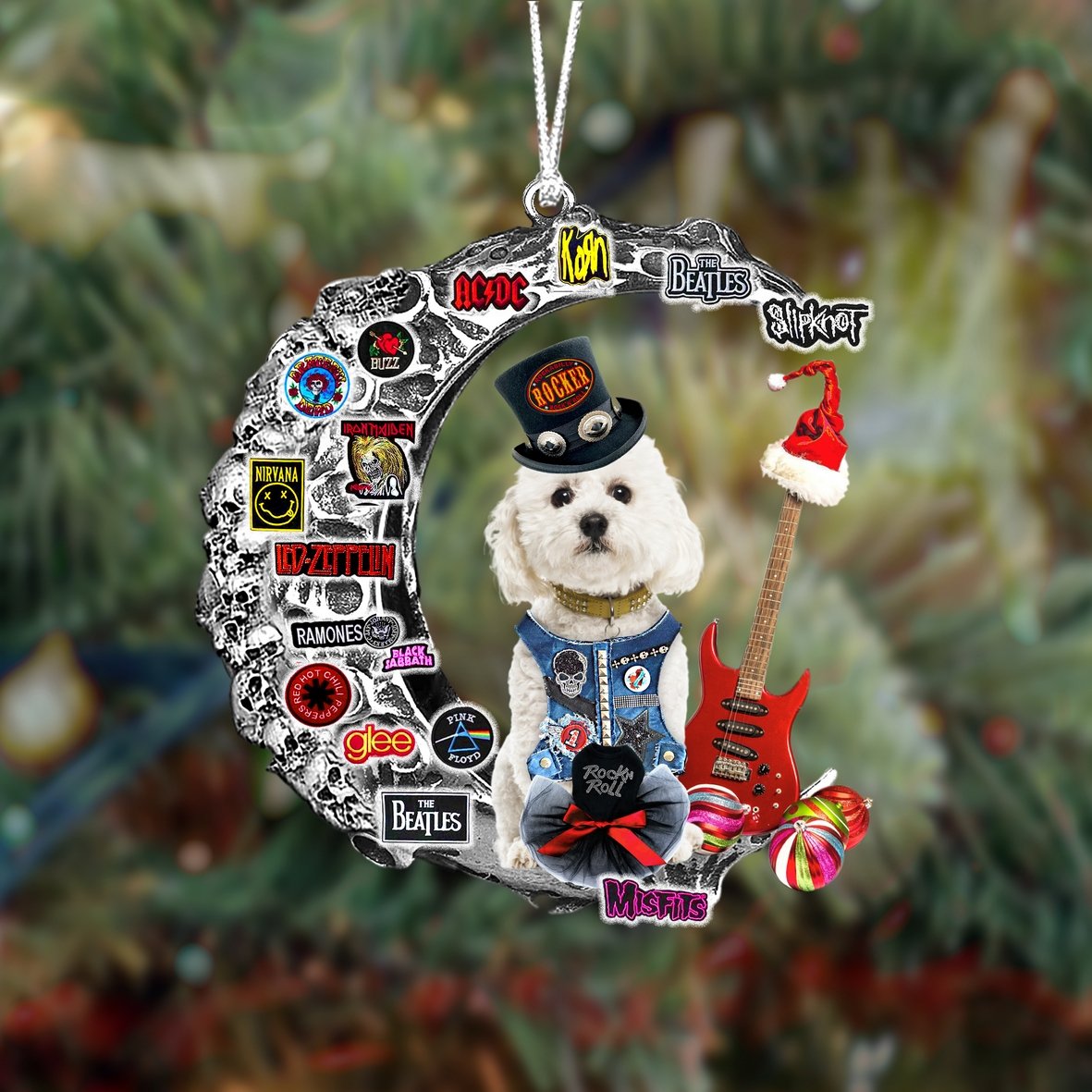 Bichon Frise-Metal Rock in Christmas Two Sided Ornament