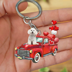 Bichon Frise-Red Sports Car flat Acrylic Keychain