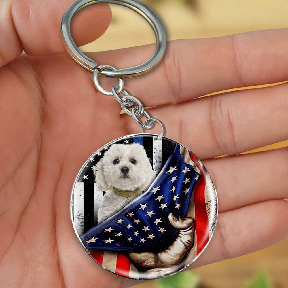 Bichon Frise 1-Inside American Flag Independence Day Round Resin Epoxy Metal Keychain
