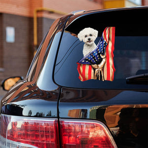 Bichon Frise 2-American Flag Front Car Sticker