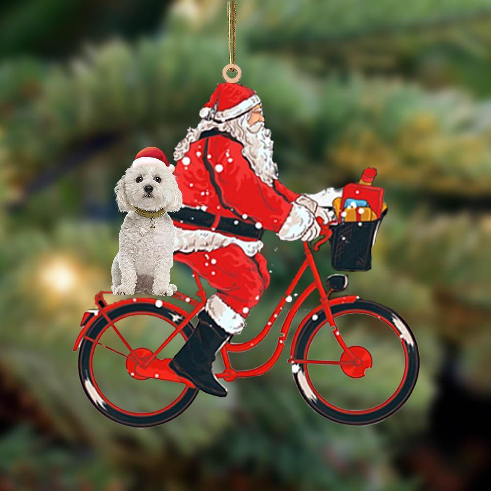 Santa Claus riding a bike with Bichon Frise-Two Sided Ornament