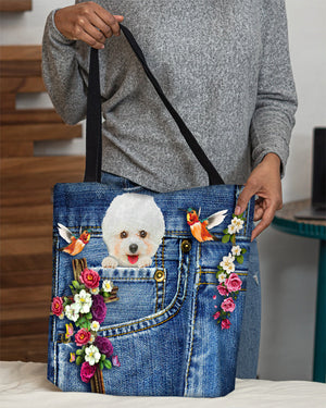 Bichon Frise-Cardinal & Cross Flower Cloth Tote Bag