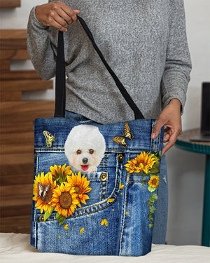 Bichon Frise-Sunflowers & Butterflies Cloth Tote Bag