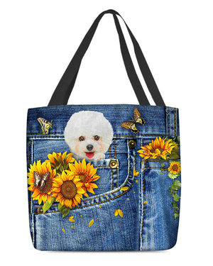 Bichon Frise-Sunflowers & Butterflies Cloth Tote Bag