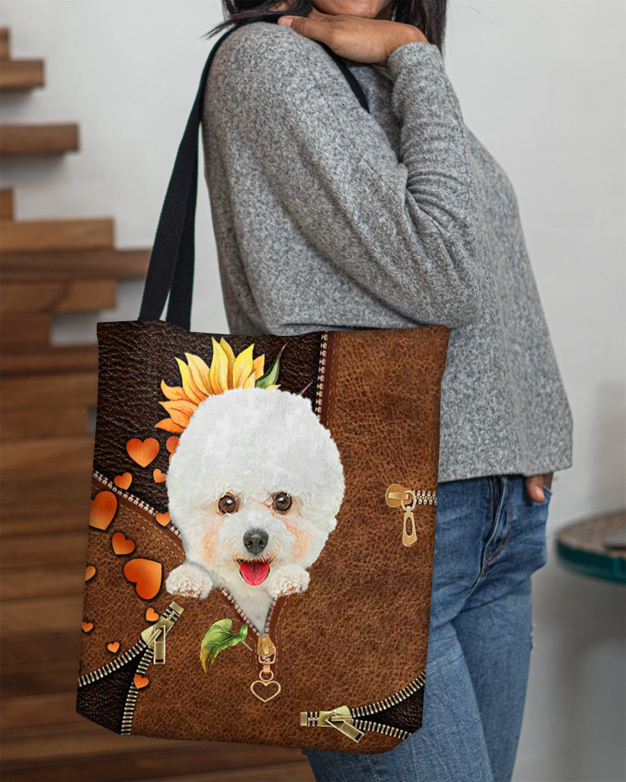 Bichon frise-Sunflower&zipper Cloth Tote Bag