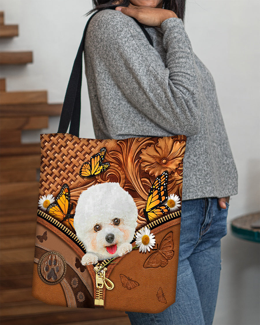 Bichon frise Butterfly Daisy Cloth Tote Bag