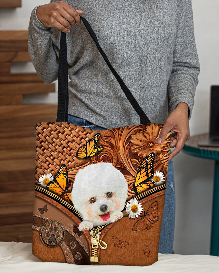Bichon frise Butterfly Daisy Cloth Tote Bag
