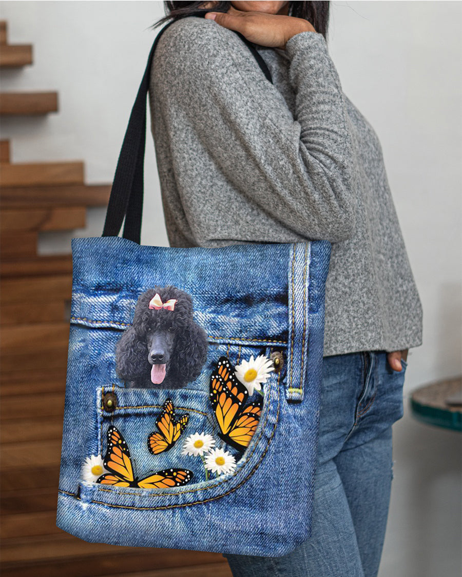 Black-Poodle-Butterfly Daisies Fait-CLOTH TOTE BAG