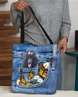 Black-Poodle-Butterfly Daisies Fait-CLOTH TOTE BAG