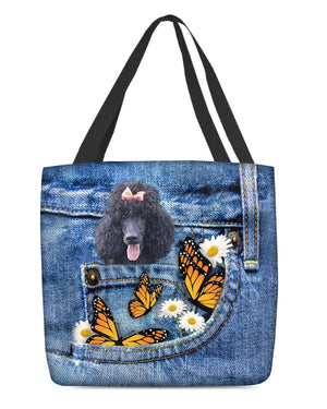 Black-Poodle-Butterfly Daisies Fait-CLOTH TOTE BAG