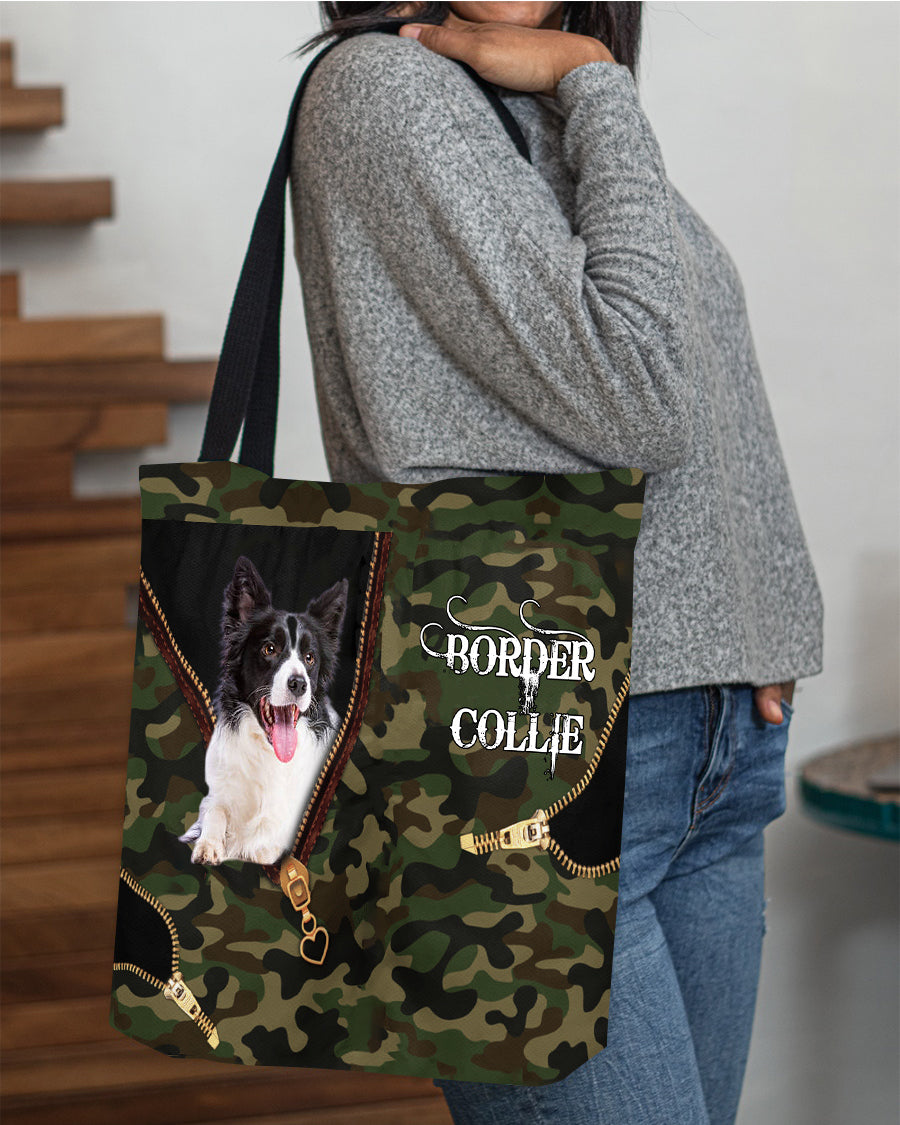 Black-and-White-Border-Collie Camo Cloth Tote Bag