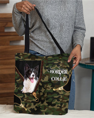 Black-and-White-Border-Collie Camo Cloth Tote Bag