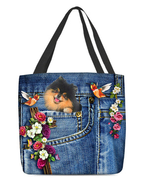 Black And Tan Pomeranian-Cardinal & Cross Flower Cloth Tote Bag