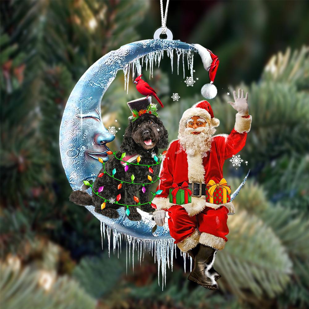 Black Cavapoo-Santa Claus And Moon Two Sided Ornament