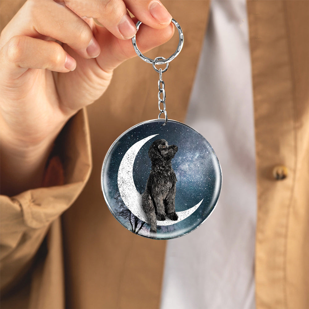 Black Goldendoodle-Stars and Moon-Round Resin Epoxy Metal Keychain