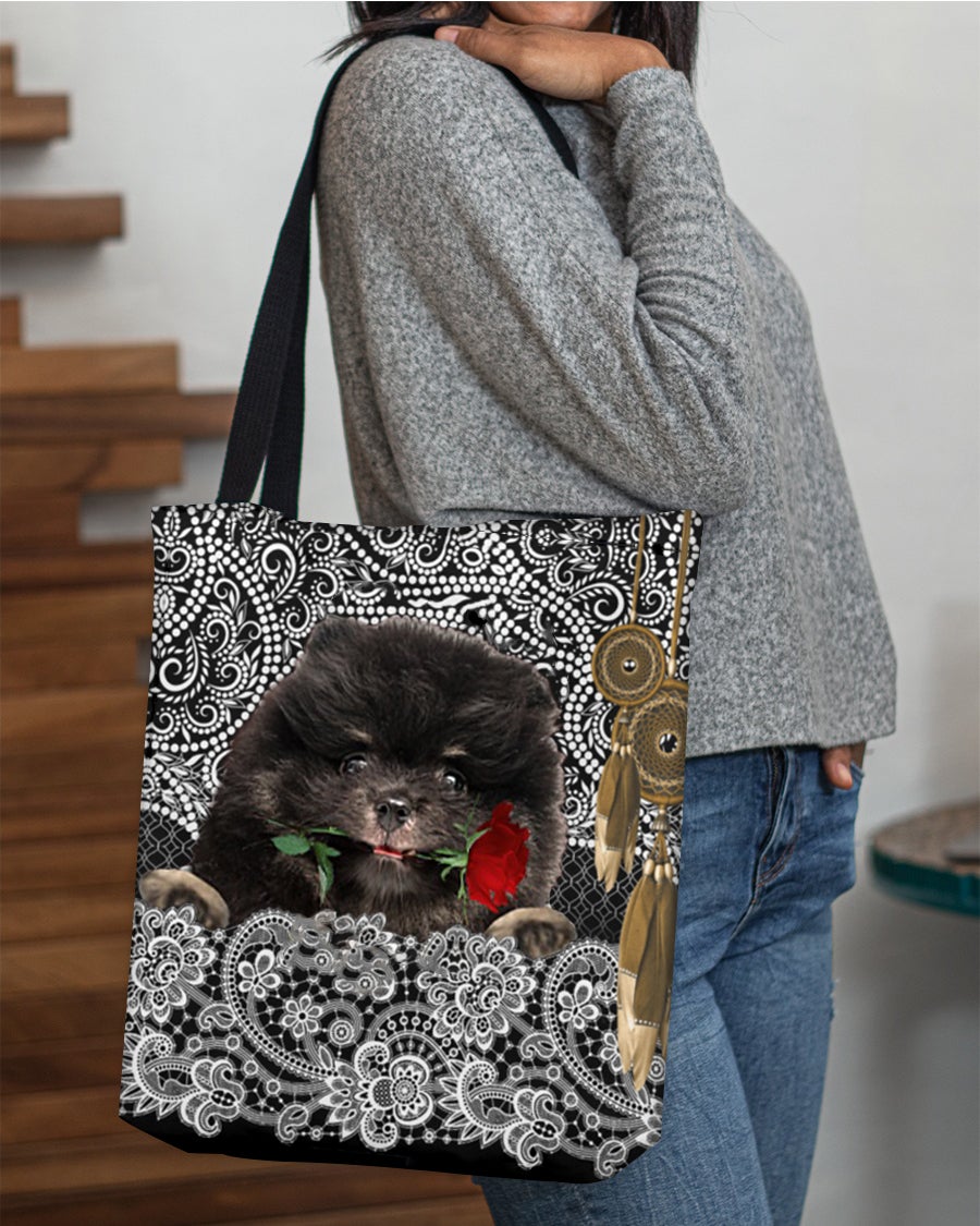 Black Pomeranian-Rose Cloth Tote Bag