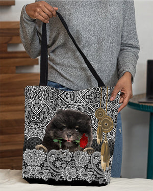 Black Pomeranian-Rose Cloth Tote Bag