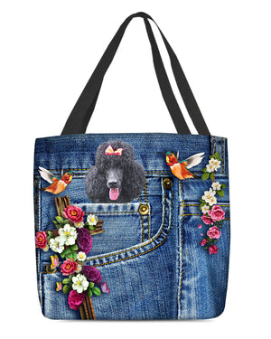 Black Poodle-Cardinal & Cross Flower Cloth Tote Bag