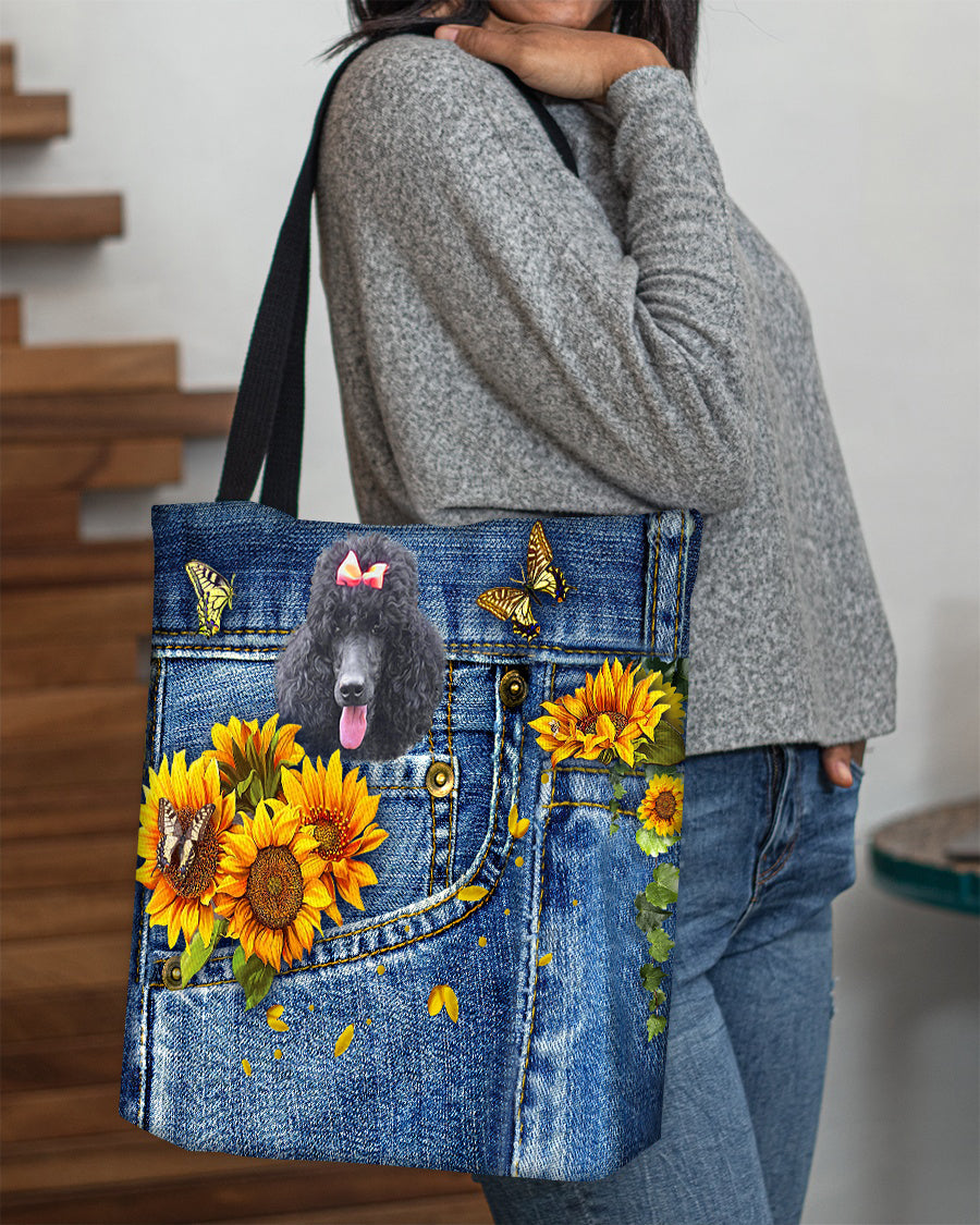 Black Poodle-Sunflowers & Butterflies Cloth Tote Bag