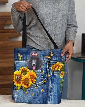 Black Poodle-Sunflowers & Butterflies Cloth Tote Bag