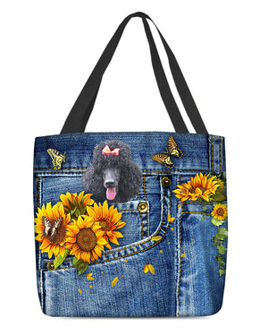 Black Poodle-Sunflowers & Butterflies Cloth Tote Bag