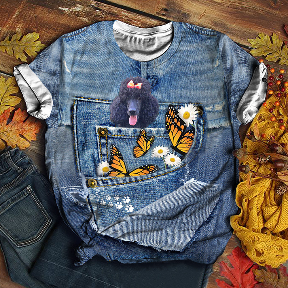 Black Poodle   Butterfly Daisies T-shirt