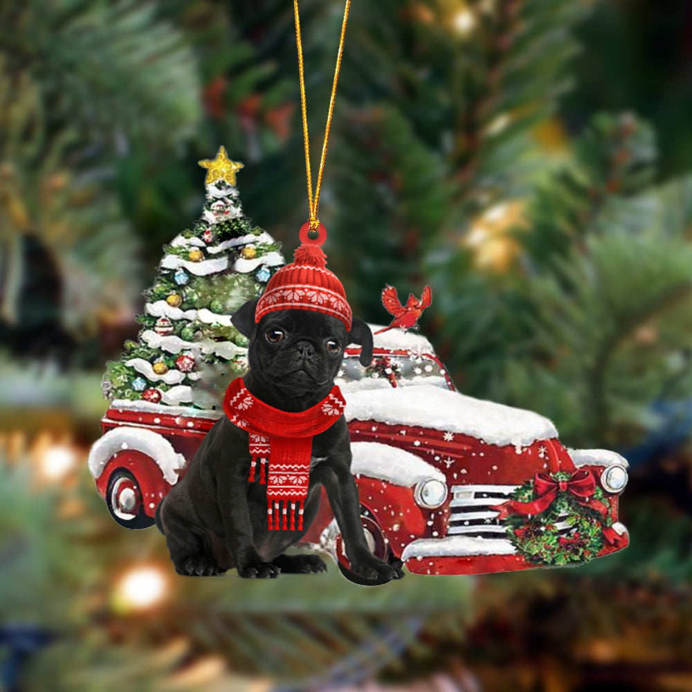 Black Pug-Christmas Car Two Sided Ornament