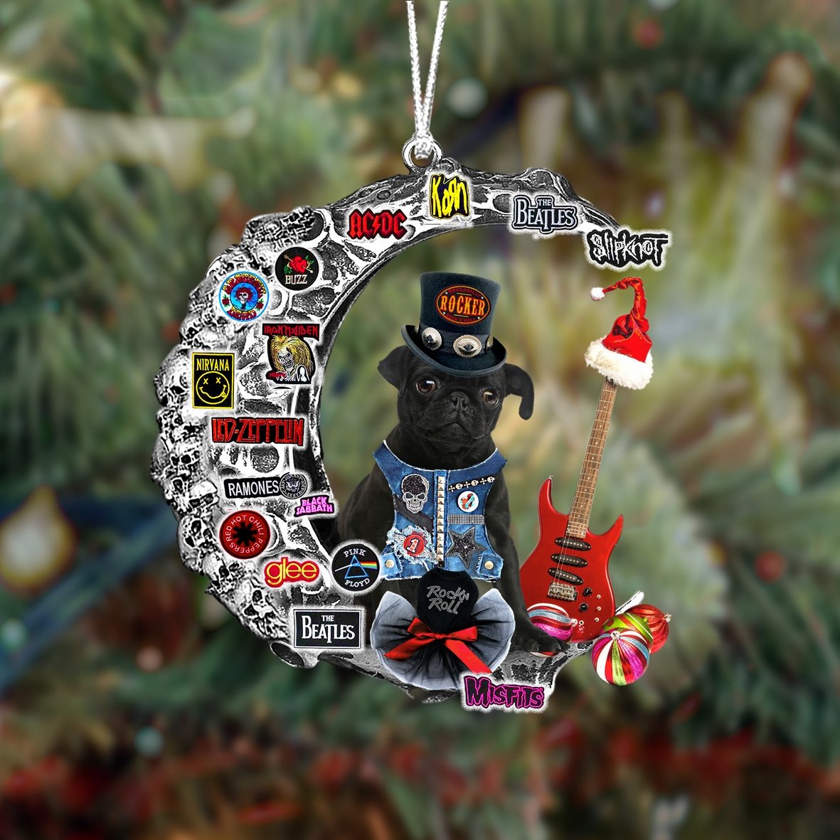 Black Pug-Metal Rock in Christmas Two Sided Ornament