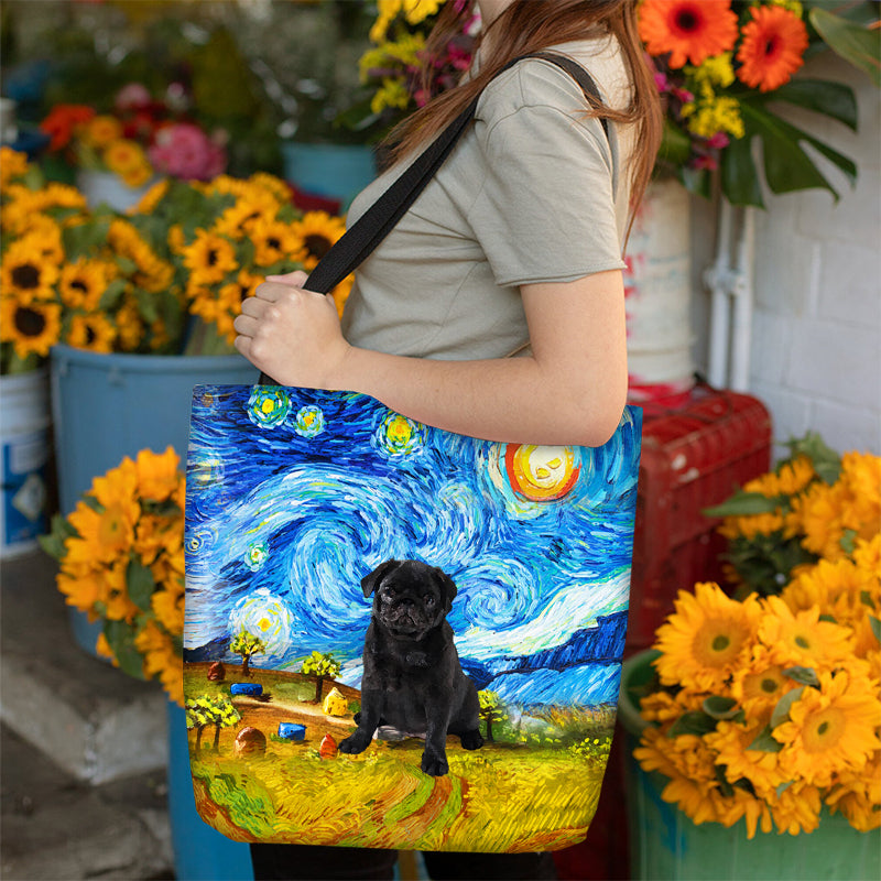 Black Pug-Oil Painting-Cloth Tote Bag