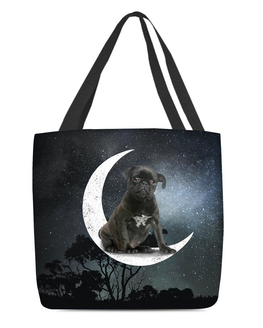 Black Pug-Sit On The Moon-Cloth Tote Bag