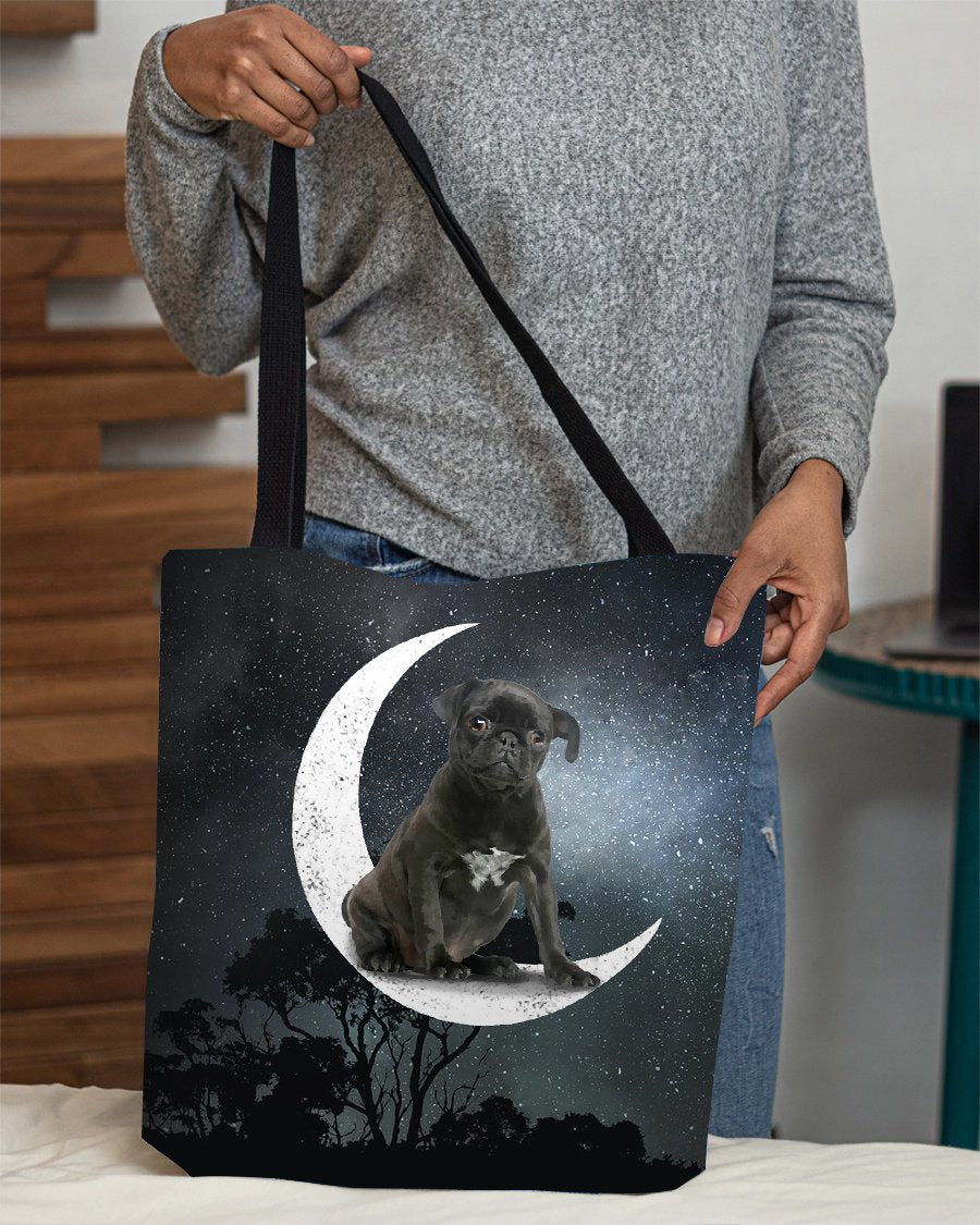 Black Pug-Sit On The Moon-Cloth Tote Bag