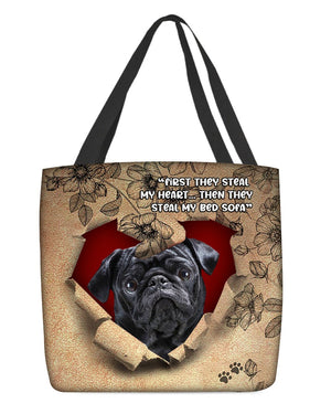 Black Pug-Torn Cloth Tote Bag