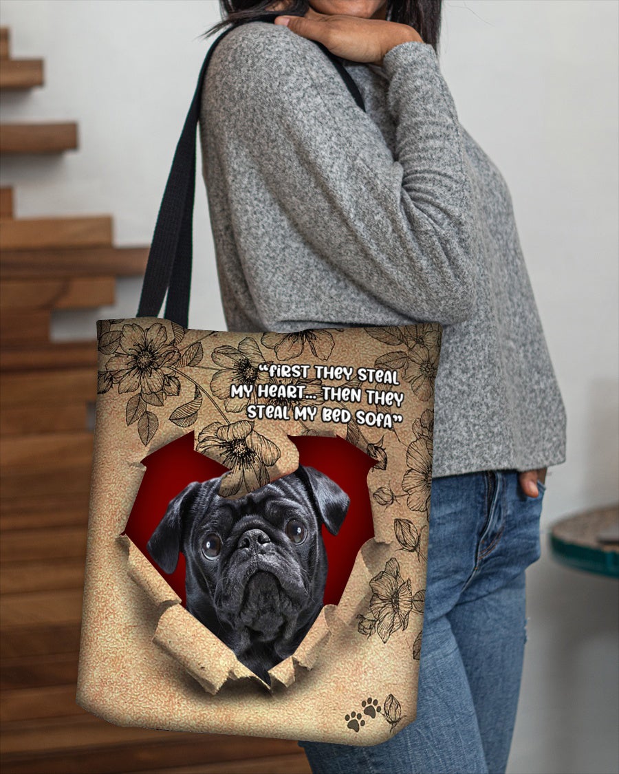 Black Pug-Torn Cloth Tote Bag