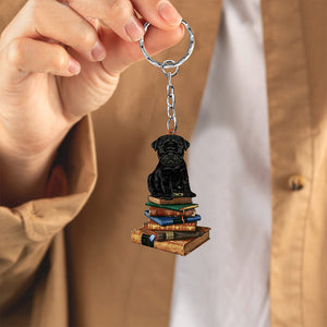 Black Pug-Sit On The Book-Flat Acrylic Keychain