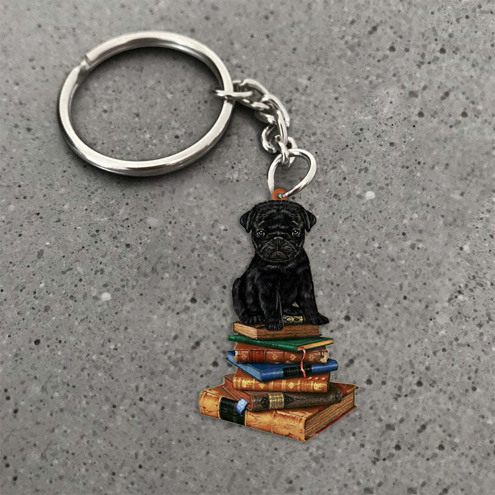 Black Pug-Sit On The Book-Flat Acrylic Keychain