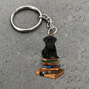 Black Pug-Sit On The Book-Flat Acrylic Keychain