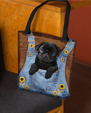 Black Pug And Sunflower-Cloth Tote Bag