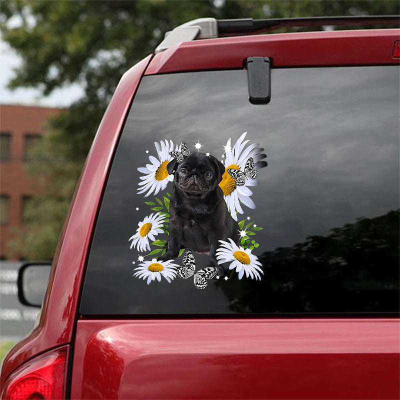 Black Pug-Daisy flower CAR STICKER