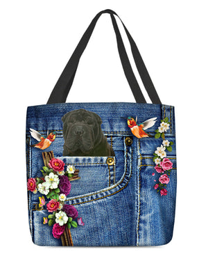 Black Shar Pei-Cardinal & Cross Flower Cloth Tote Bag