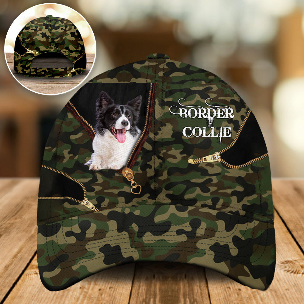 Black and White Border Collie Camo Cap