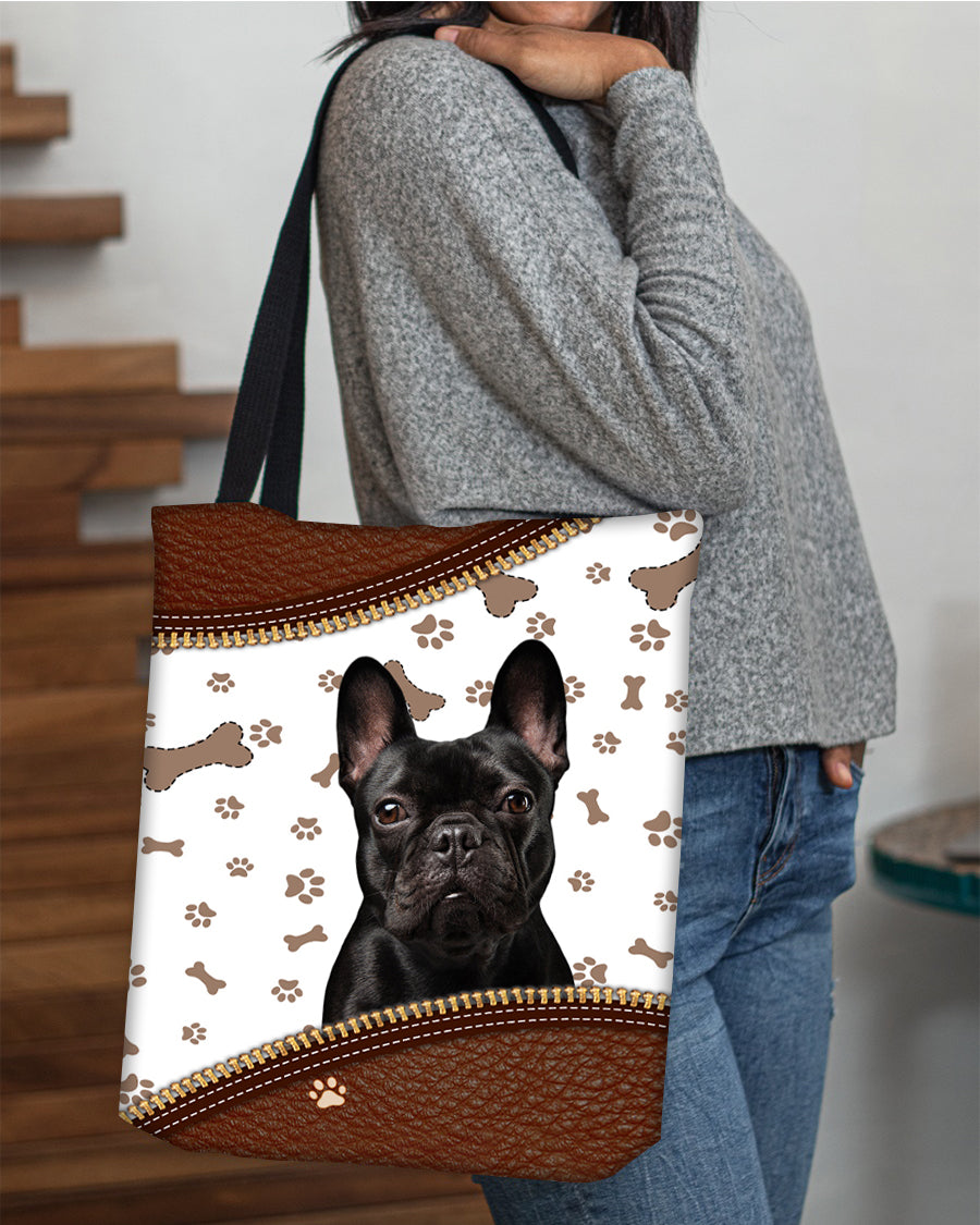 Blcak French Bulldog 2-Zipper Texture-Cloth Tote Bag