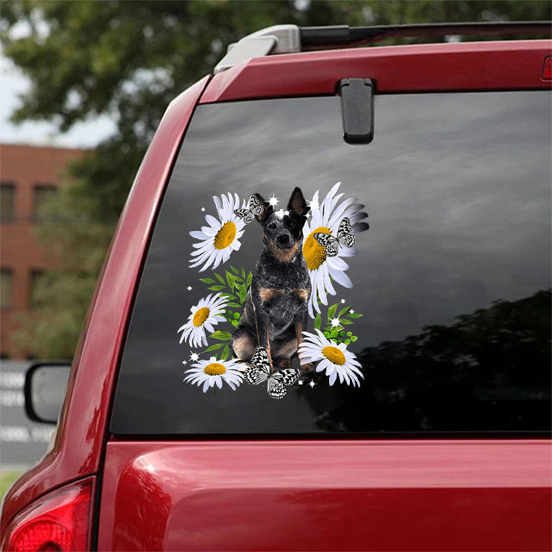 Blue Heeler Dog-Daisy flower CAR STICKER