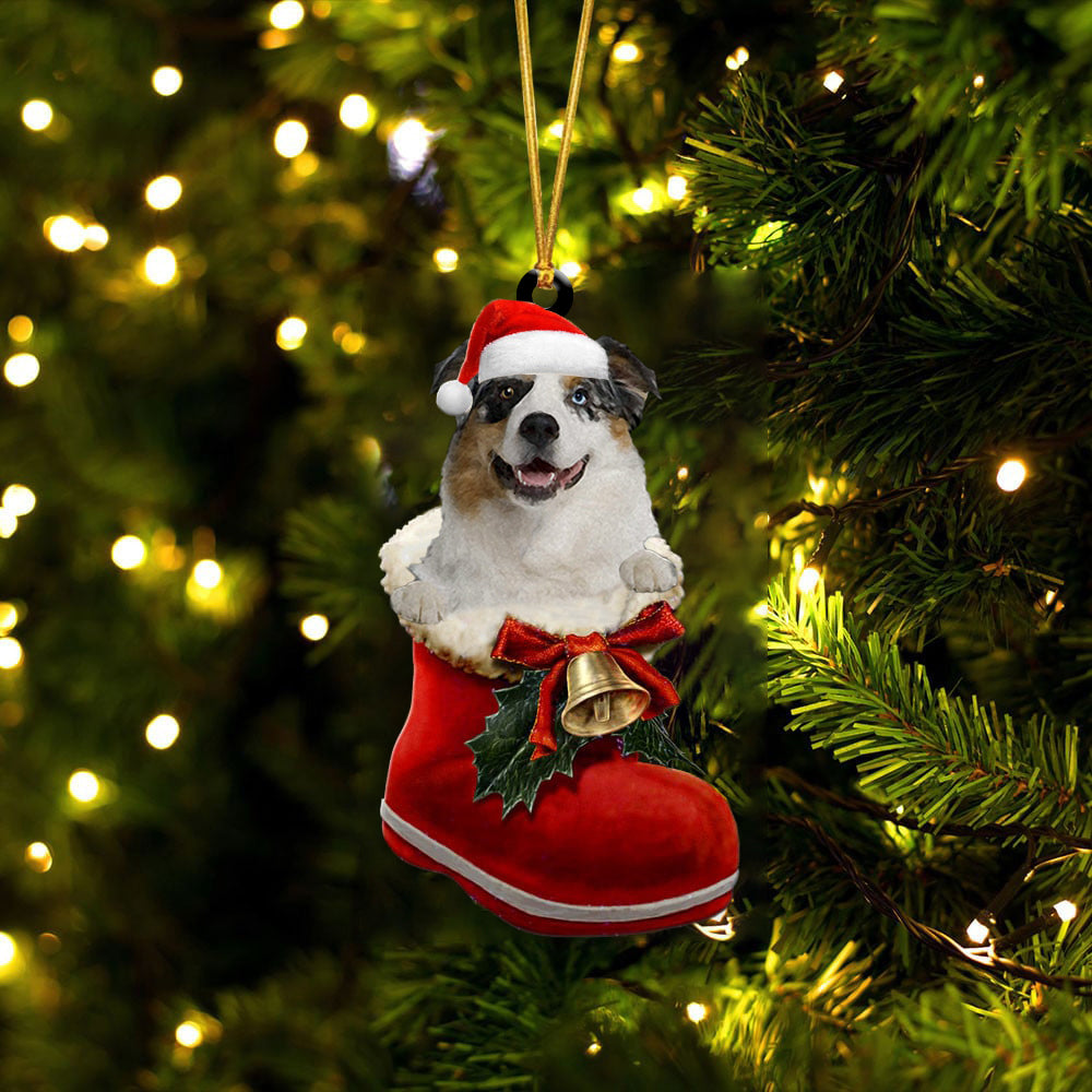 Blue Merle Aussie-1-In Santa Boot Christmas-Two Sided Ornament