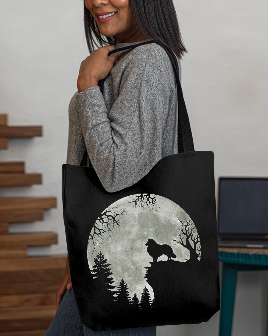Border Collie-Night Moon Cloth Tote Bag