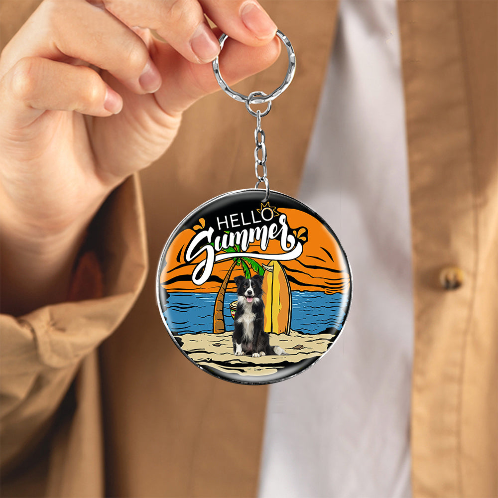 Border Collie Hello Summer-Round Resin Epoxy Metal Keychain