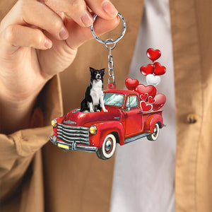 Border Collie 2-Red Sports Car flat Acrylic Keychain