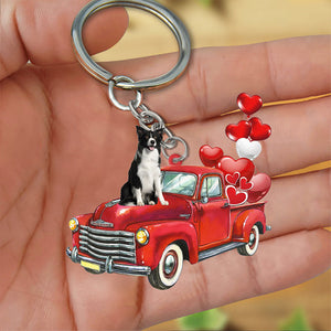 Border Collie 2-Red Sports Car flat Acrylic Keychain